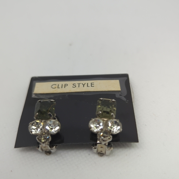 Rhinestones & Simulated Peridot Drop Earrings 14K White Gold Plated Silver Clip - Picture 6 of 7